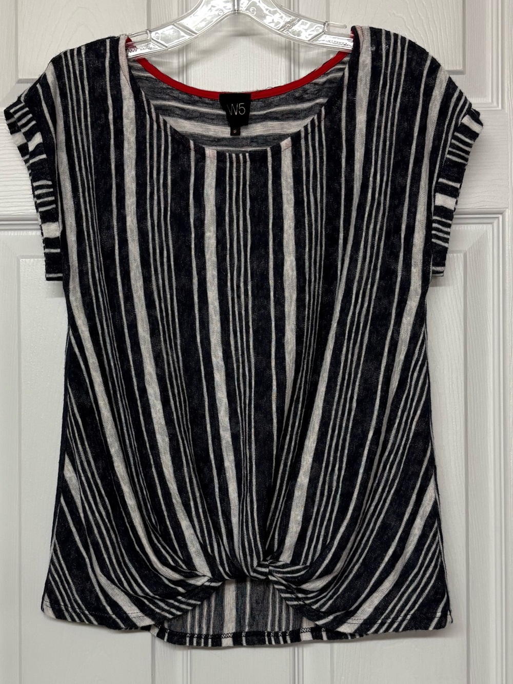 Anthro W5 Navy & White Striped Knot Front Lightweight Knit Short Sleeve Top Sz S